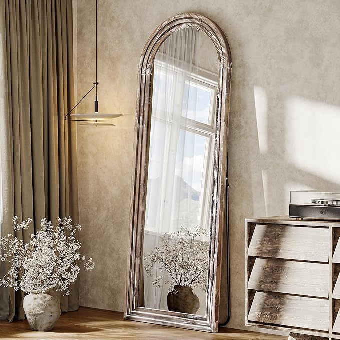 Arched Full Length Floor Mirror 63"x21", Triple-Layer Solid Wood Frame, Rustic White Farmhouse Full Body Mirror with Stand for Bedroom, Living Room, Entryway & Hallway Home Decor