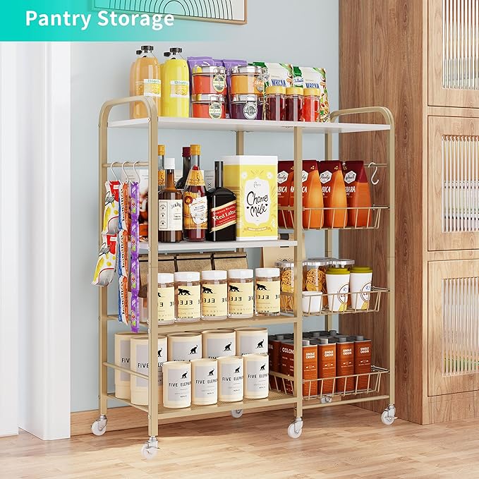 HapiRm Rolling Kitchen Microwave Cart - 4 Tier Microwave Table Stand with Pull-Out Baskets, Coffee Bar Baker's Rack with Wheels Rolling Storage Cart Organizer Shelf for Living Room Office, Balcony