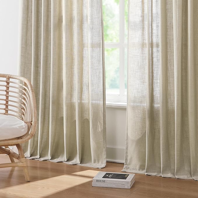 Vision Home Sand Pinch Pleated Semi Sheer Curtains Textured Linen Blended Light Filtering Window Curtains 95 inch for Living Room Bedroom Pinch Pleat Drapes with Hooks 2 Panels 40" Wx95 L,Camel Beige