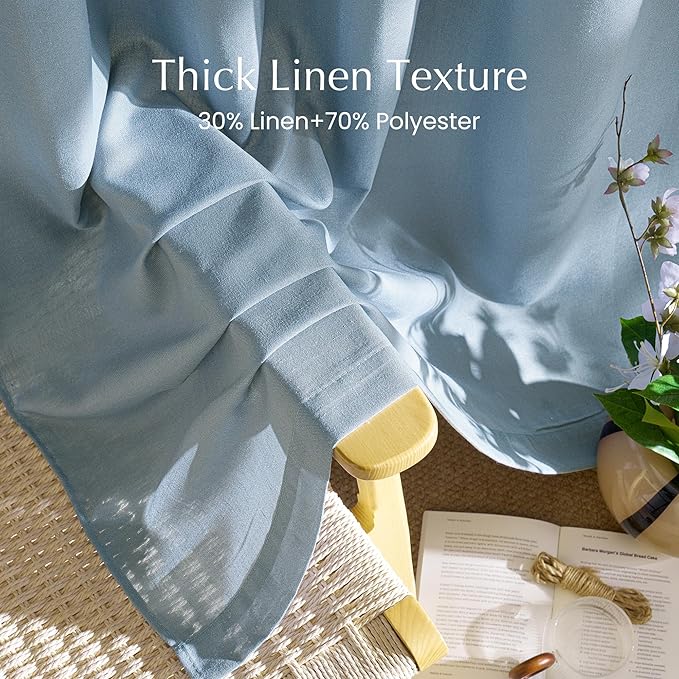NICETOWN Semi Sheer Linen Stone Blue Farmhouse Curtains, Back Tab/Rod Pocket with Pleat Tape Privacy Added with Light Filtering Window Treatments for Bedroom, W52 x L95, 2 Panels