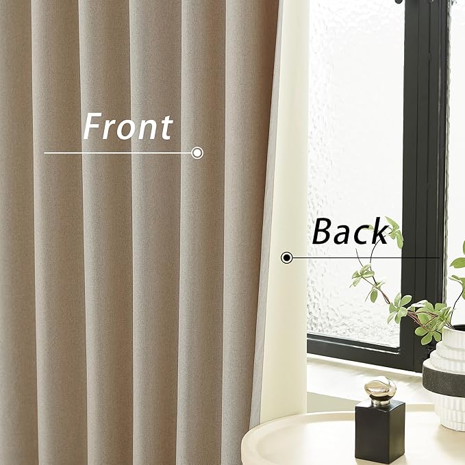 DUALIFE 96 Inch Curtains 2 Panel Set Farmhouse Blackout Heat Reducing Sun Block Out Curtains for Bedroom Dorm UV Blocking Noise Canceling Burlap Linen Look Drapes Rod Pocket Back Tab,50 X 96 Taupe