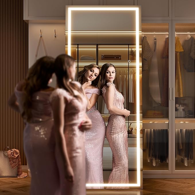 Full Length Mirror with Lights, 71" x 32" LED Lighted Floor Standing Body Mirror, Dimmable & 3 Color Lighting for Bedroom, Cloakroom, Dressing Room, Tempered Glass, Square Black