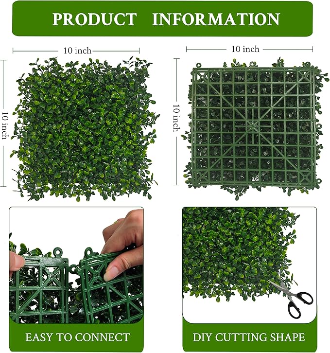 Artificial Grass Wall Panel,10"x 10"(16P) 4-Layer Leaf UV-Anti Greenery Faux Boxwood for Indoor,Outdoor Patio Balcony Privacy & Ivy Fence Covering Privacy, Garden, Backyard Wall Backdrop Decor