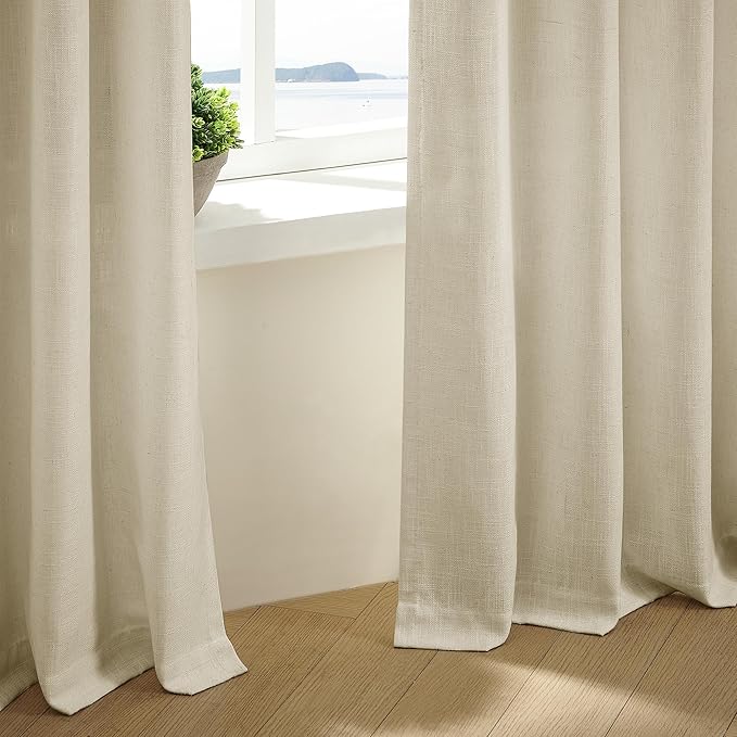 Beige Linen Curtains 96 Inches Long Pinch Pleated 2 Panels for Living Room Bedroom Memory Trained Semi Sheer Neutral Flax Pinch Pleat Drapes with Hooks Rings Light Filtering Window Curtain 40x96