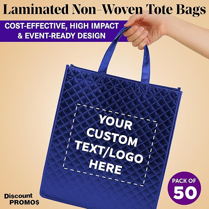 DISCOUNT PROMOS Custom Luxurious Laminated Tote Bags Set of 50, Personalized Bulk Pack - Reusable, Great for Shopping, Beach, Wedding Favors - Royal Blue