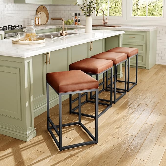 MAISON ARTS Counter Height 24" Bar Stools Set of 2 for Kitchen Counter Backless Modern Barstools Industrial Upholstered Faux Leather Stools Farmhouse Island Chairs, (24 Inch, Brown)