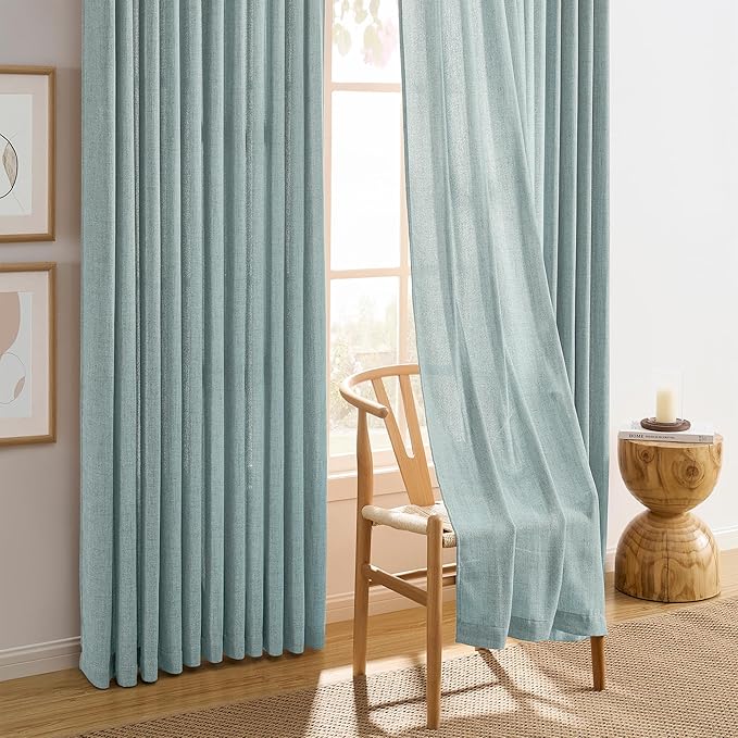Light Blue Linen Pinch Pleat Curtains 92 Inches Long 50 Wide Per Panel Pleated Semi Sheer Textured Drapes Hooks Back Tab Coastal Modern Light Filtering Curtain 2 Panels Set
