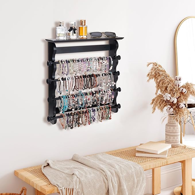 4-Tier Wall-Mounted Wooden Bracelet Holder – Black Jewelry Display with Storage Shelf, Hanging Organizer for Bracelets, Bangles, Watches, Necklaces & Accessories – Space-Saving Jewelry Rack for Home