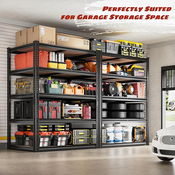 2050LBS Storage Shelves Heavy Duty 5 Tier Garage Storage Shelving, Adjustable Metal Shelving Unit Utility Rack Shelf for Warehouse, Pantry, Closet, 72" H x 35.56" W x 16" D, Black.2PCS