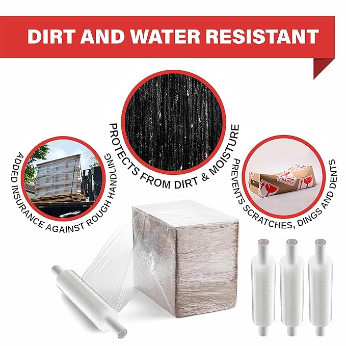 Stretch Wrap with Handle Industrial Strength 4 Pack 11" x 1000 Ft 60 Gauge Thick (15 Micron) Shrink Wrap Roll for Moving Supplies, Furniture, Pallets, Plastic Wrap for Packing, Heavy Duty Stretch Film