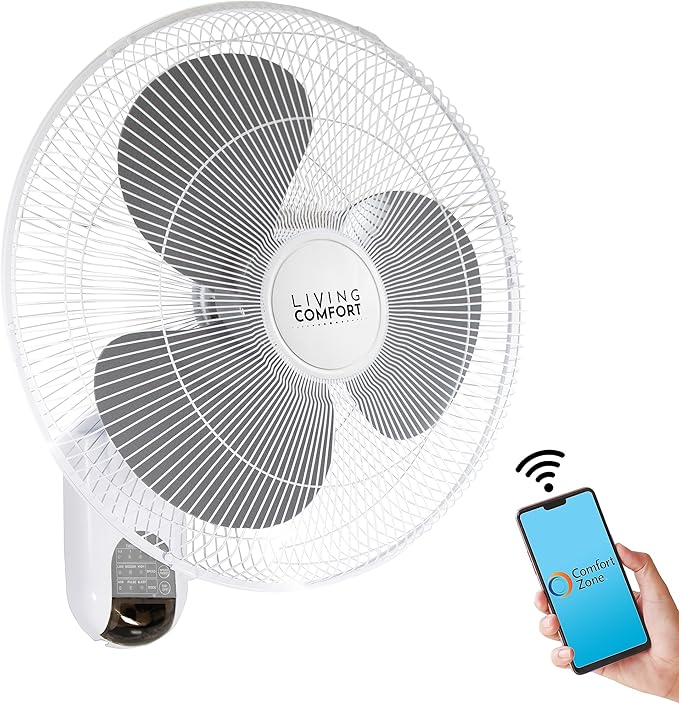 Comfort Zone Oscillating Wall Mount Fan with Adjustable Vertical Tilt, 16 inch, 3 Speed, Metal Grille, 90 Degree Oscillation, 3 Modes: Normal, Pulse, and Sleep, 4H Timer, & Wi-Fi App Control, White