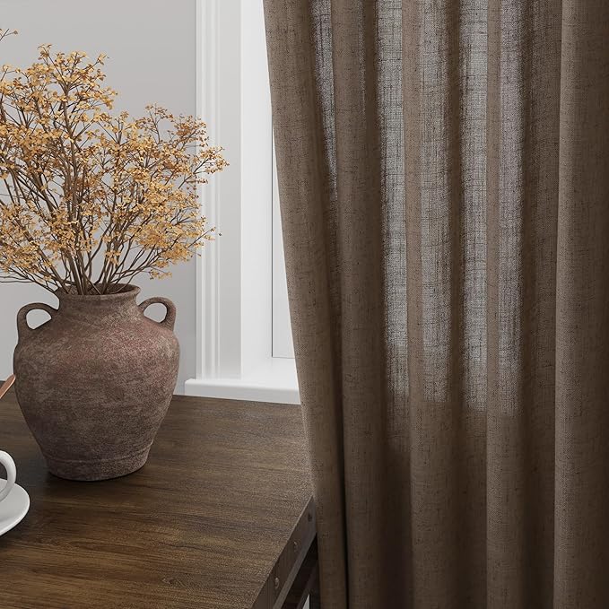 Extra Long Curtain 108 Inches Long 2 Panels Set Back Tab Light Brown Linen Drapes for Living Room Neutral Farmhouse Light Filtering Semi Sheer Linen Curtains 108 Inch Length for Large Window 9 FT