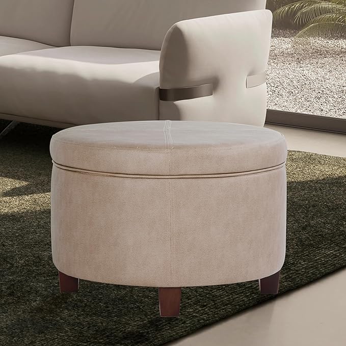 Homepop Home Decor | Upholstered Faux Leather Round Storage Ottoman | Ottoman with Storage for Living Room & Bedroom, Taupe Brown