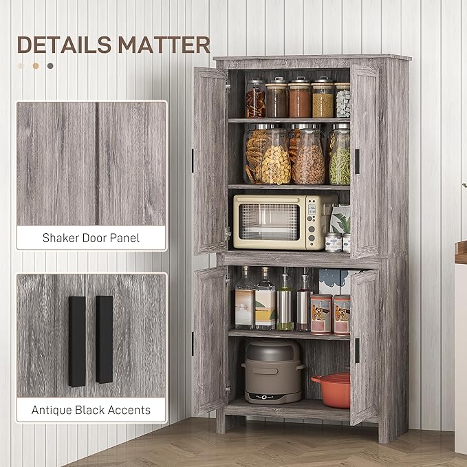 HOMCOM 64" Kitchen Pantry Cabinet, Freestanding Storage Cabinet with 4 Doors and 3 Adjustable Shelves for Dining Room, Gray Oak
