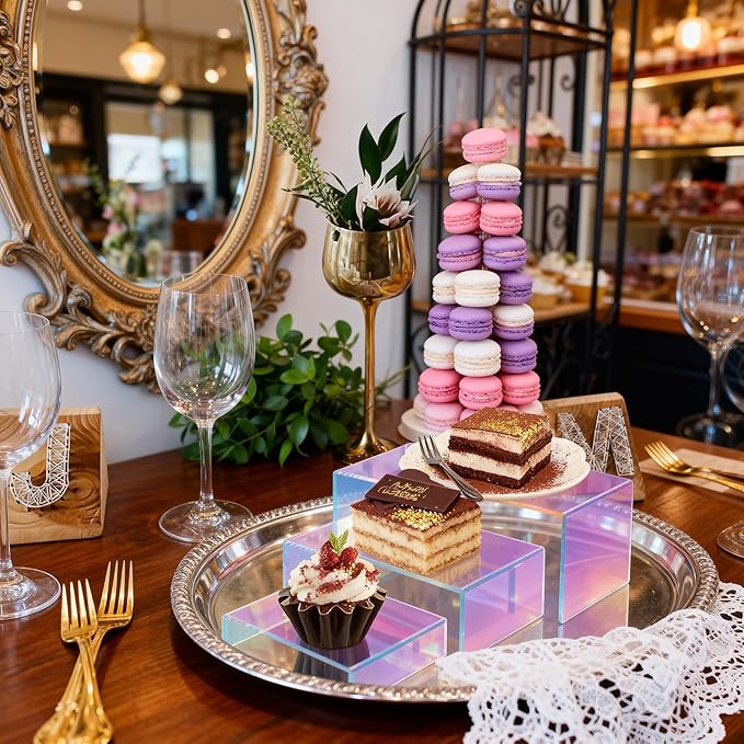 Stackable Acrylic Display Risers, 4 Sets 12 Pieces Clear Riser Stands, 3-Tier Iridesc Stair Stands for Cupcakes, Jewelry, Makeup - Waterproof & Easy Clean, Space-Saving Nesting Design (3 Sizes)