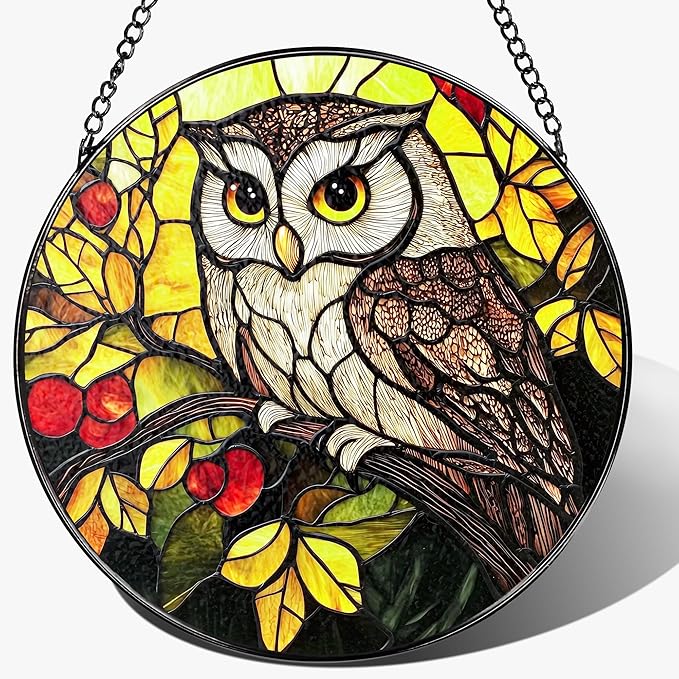 Stained Glass Window Hanging, 8 Inch Owl Suncatcher Stained Glass Ornament, Suncatchers for Windows Hanging, Sun Catchers Indoor Window, Owl Gifts, Gifts for Bird Lovers, Mom Gift