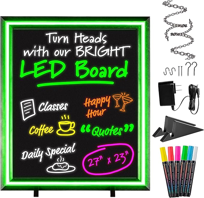 LED Writing Message Board 23x27 – Illuminated Erasable Neon Chalkboard Sign with Remote & Markers – Light Up Menu Board for Restaurants, Bars, Food Trucks & Classrooms