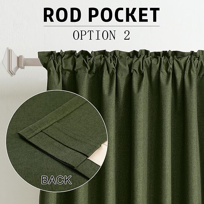 DUALIFE 90 Inch Blackout Olive Green Curtains Boho, Thermal Insulated Curtains for Summer Heat for Bedroom Living Room Linen Pleated Drapes 90 Inches Long Rod Pocket(50W x 90L x 2 Panels)