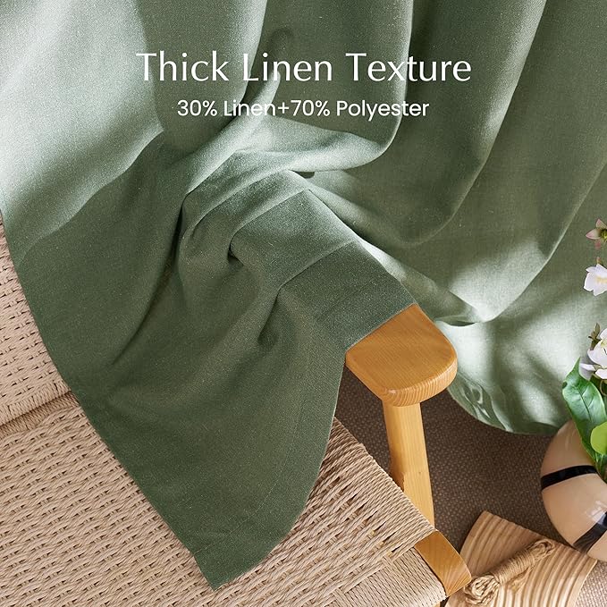 NICETOWN Thick Linen Blend Semi Sheer Forest Green Curtains, Pleat Tape Privacy Added Drapes with Light Filtering Window Treatments for Bedroom/Living Room, W52 x L84, 2 Panels