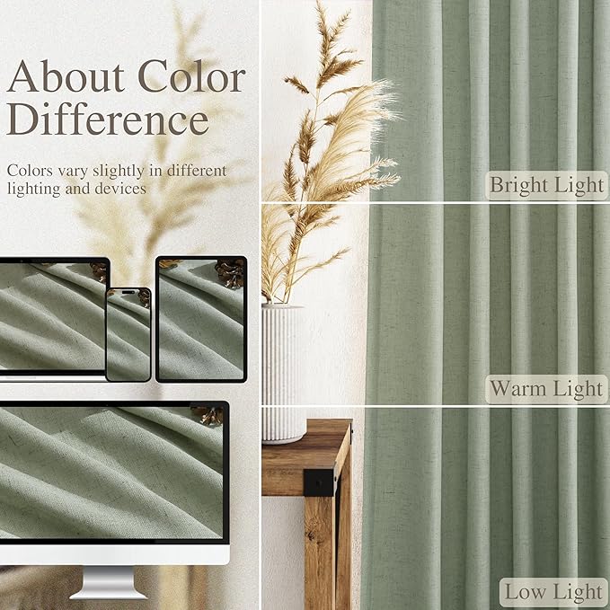 Nanspring Desert Sage Linen Curtains 102 Inches Long Rod Pocket Back Tab Drapes 2 Panels Set for Living Room Bedroom Light Filtering Semi Sheer Desert Sage Curtain 102 Length for Patio Door 52x102