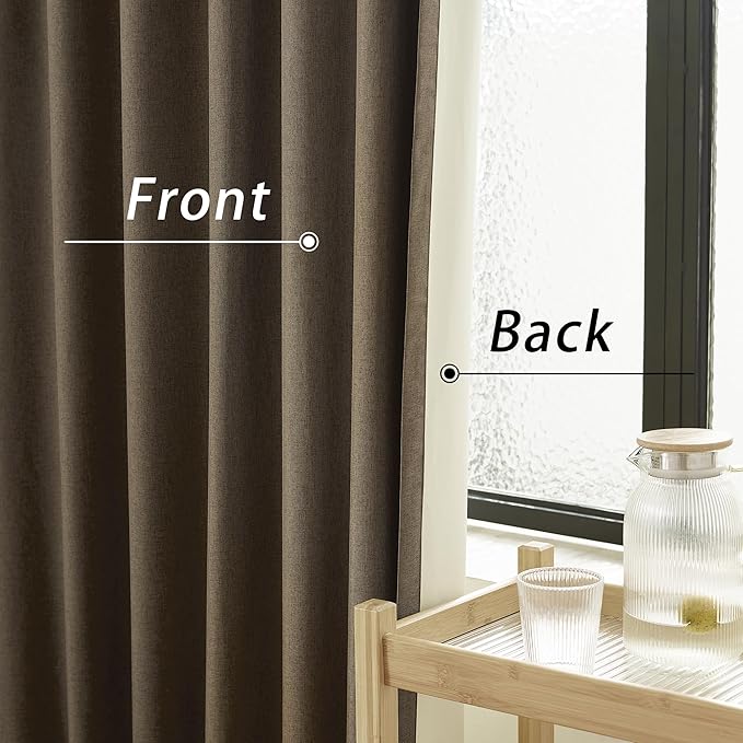 DUALIFE Brown Linen Full Blackout Curtains 108 Inch Length 2 Panels Set for Living Opaque Privacy Back Tab Thermal Insulated 100% Black Out Room Darkening 9ft Window Curtain Drapes 108 Inches Long