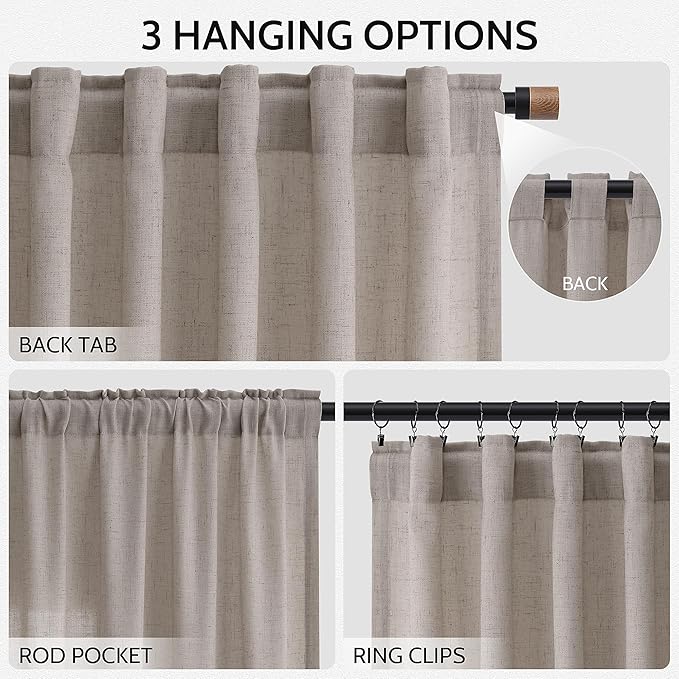 Nanspring Stone Beige 72 Inch Curtains for Living Room Linen Luxury Light Filtering Semi Sheer Curtain Back Tab Simple Modern Elegant Farmhouse Decor Drapes for Bedroom Office 52x72, 2 Panels