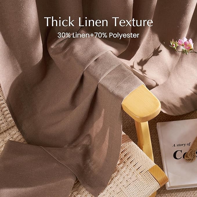 NICETOWN Thick Linen Semi Sheer Gold Brown Curtains for Famhouse, Pleat Tape Semi Sheer Drapes Privacy Added with Light Filtering Window Treatments for Bedroom, W52 x L108, 2 Panels