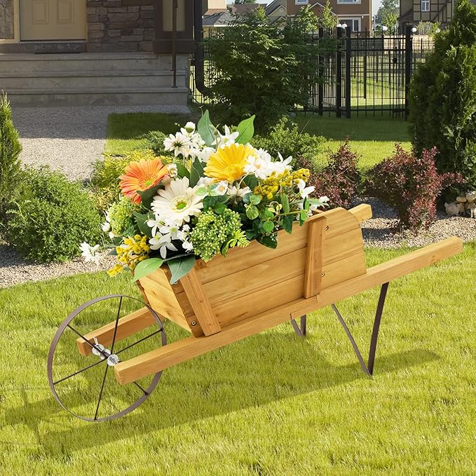 Wooden Wagon Planter, Flower Cart Display Stand w/Metal Wheels & Removable Magnetic Decoration, Wagon Decorative Garden Planter for Plants & Seasonal Displays, Pine Wood (Brown)