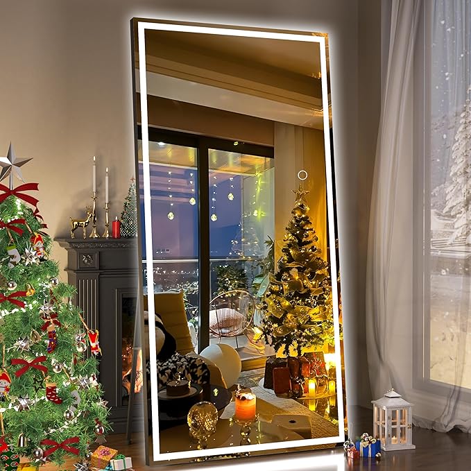 Hasipu Full Length Mirror with Lights, 79" x 36" LED Lighted Floor Standing Mirror, Full Body Dressing Hanging Mounted Mirrors, Dimmable, Tempered Glass, Safe to Use, Square Black