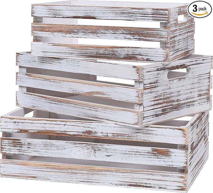 Large Size Wood Crates For Storage,Decorative Vintage White Wooden Crates For Display,Handmade Solid Wood Boxes,Set Of 3 Rustic White Wooden Crate. (vintage white)