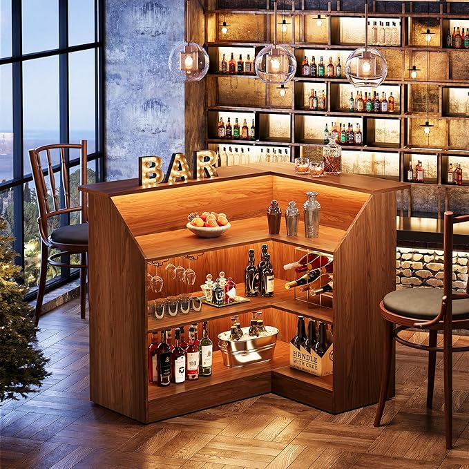 Tribesigns Bar Cabinet, L-Shaped Home Bar Table with Stemware Racks, 4-Tier Corner Bar Unit Liquor Wine Bar Table Reception Desk for Home Pub, Red Brown