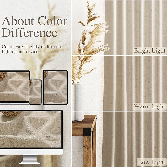 Nanspring Taupe Burlywood Curtains 120 Inches Long for Living Room Linen Textured Rustic Farmhouse Privacy Sheer Curtains Back Tab Floor to Ceiling Curtain for Bedroom Office 52x120, 2 Panels