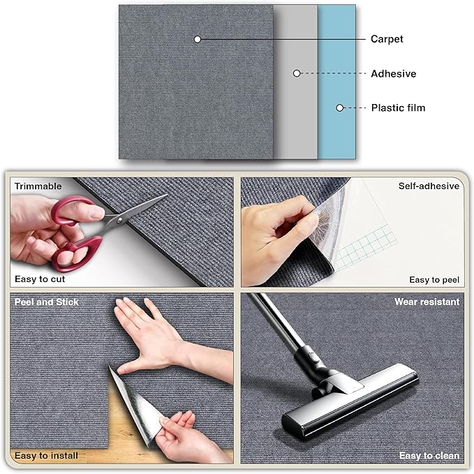 Self-Adhesive Carpet Floor Tiles (20 Pcs) – 12” x 12”, Peel and Stick Square Tiles for Easy Installation, Durable Flooring, Ideal for Home, Office, or Basement Use