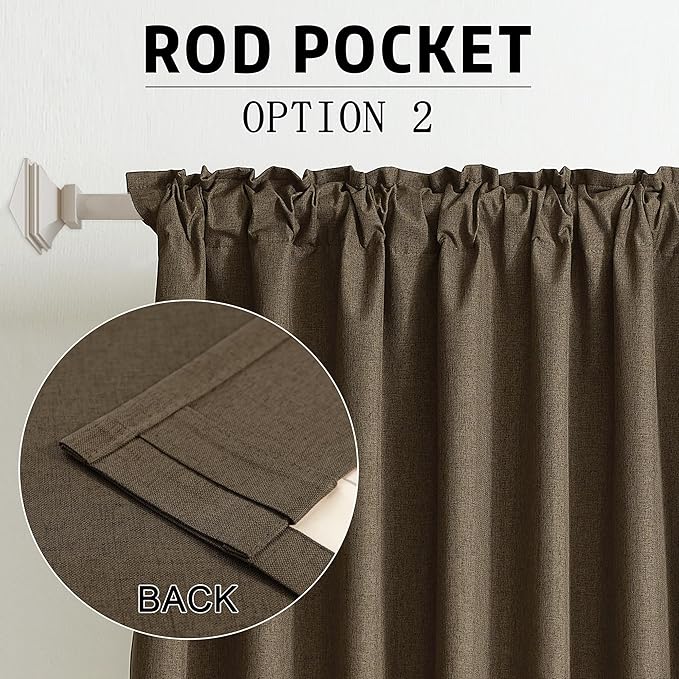 DUALIFE Brown Linen Full Blackout Curtains 108 Inch Length 2 Panels Set for Living Opaque Privacy Back Tab Thermal Insulated 100% Black Out Room Darkening 9ft Window Curtain Drapes 108 Inches Long