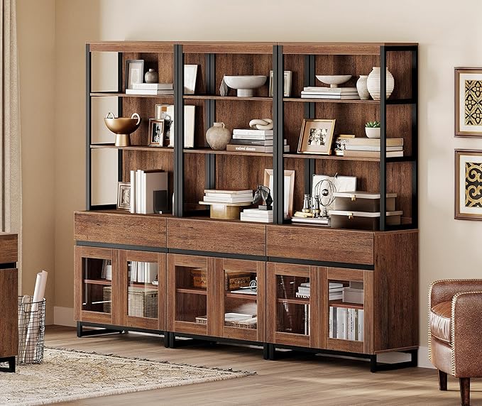 WAMPAT 3 PCS Modern 72" Tall Bookcase with 3 Drawers and Open Book Shelf, Library Book Shelf with Storage Cabinet and Glass Doors, Wood Freestanding Bookshelves for Home Office, Living Room, Brown