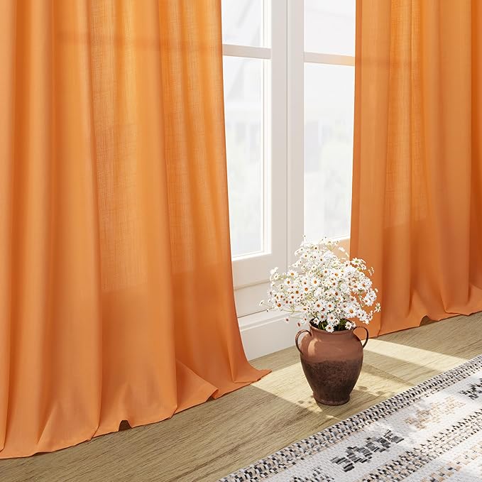 Orange Linen Blend Drapes 84 Inch Length 2 Panels Set Back Tab Rod Pocket Light Filtering Privacy Semi Sheer Textured Curtains Neutral Farmhouse Decor Curtains for Living Room Bedroom 52x84