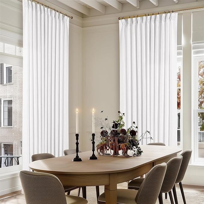 Extra Wide Pinch Pleated Linen Curtains 90 Inches Long 70 Inch Width for Living Room Bedroom Light Filtering White Semi Sheer Pleat Window Curtain Pinch Pleated Drape with Hooks Rings 1 Panel 70x90