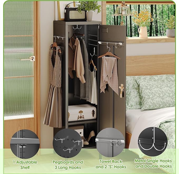 Aobabo 54" H Lockable Metal Storage Lockers with, Steel Locker Cabinet with Metal Hooks and 1 Adjustable Shelf for Home, School,Office, Assembly Required, Black