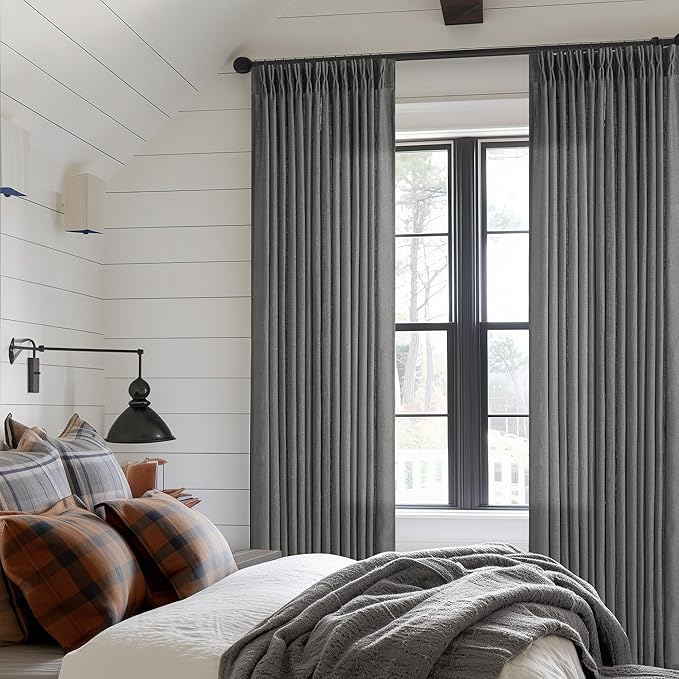 Charcoal Grey 84 Inch Pinch Pleated Linen Curtains 2 Panel Set for Living Room Thick Linen Textured Drapes 84 Inches Long Pinch Pleat Drapes Semi Sheer Curtain for Dining Bedroom Dark Slate Grey