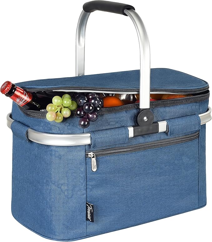 Tirrinia Large Insulated Picnic Basket, 34L Water Resistant & Leakproof Collapsible Portable Cooler Basket Set with Aluminium Handle for Travel, Shopping, Camping,Foldable Grocery Bag, Blue