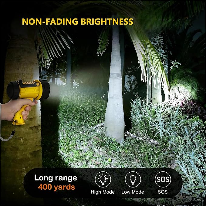 Rechargeable Spotlight Flashlight 200,000 Lumen LED, IP67 Waterproof 12 Hours Long Running Spot Light, Impact Resistant Handheld Spotlight with Detachable Red Lens