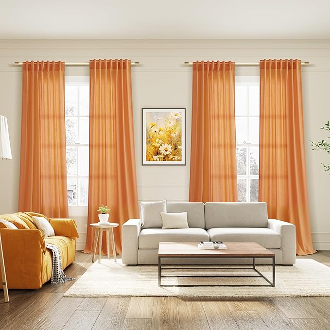 Orange Semi Sheer Curtains 108 Inches Long 2 Panels Set Back Tab Loop Pocket Linen Blend Boho Large Window Curtain Extra Long Light Filtering Drapes High Ceiling Curtains for Living Room 52x108