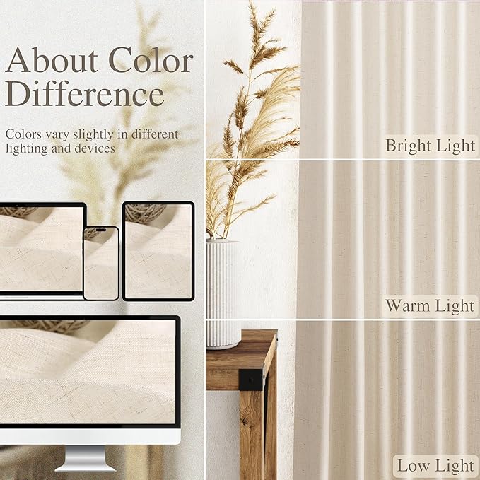 Nanspring Natural Linen Curtains 80 Inch Length for Living Room Country Light Filtering Semi Sheer Curtains Farmhouse Decor Curtain for Bedroom Back Tab and Rod Pocket 52x80, 2 Panels