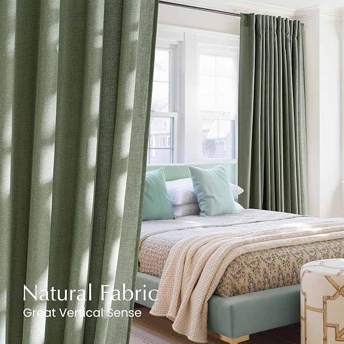 NICETOWN Thick Linen Blend Semi Sheer Forest Green Curtains, Pleat Tape Privacy Added Drapes with Light Filtering Window Treatments for Bedroom/Living Room, W52 x L95, 2 Panels