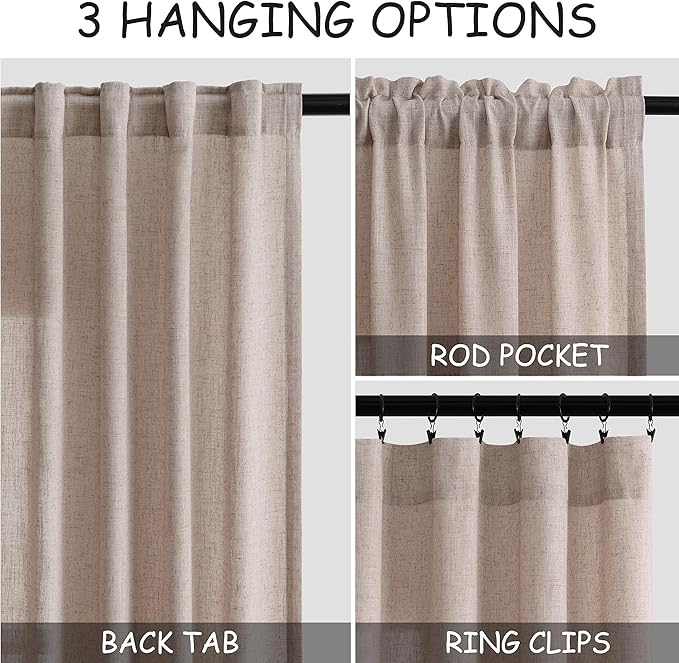 Nanspring Oatmeal Linen Curtains 63 Inches Length 2 Panels Set for Living Room Back Tab Pocket Light Filtering Semi Sheer Drapes Modern Farmhouse Boho Cotton Linen Textured Window Curtain 52X63