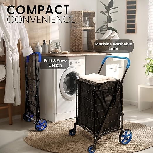 SereneLife Small Compact Folding Shopping Cart with Removable Waterproof Liner – 360° Swivel Wheels, Rust‑Proof Steel Frame, 70 lb Capacity – Portable Grocery, Laundry & Travel Cart (Blue)