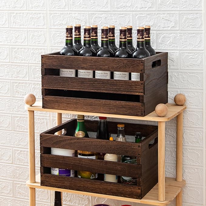 Rustic Vintage Brown Wooden Storage Crates Set, 2 Pack , 16.5 X 12 X 8.3''wood crate box，Handmade Farmhouse Decorative Crate with Handles for Books, Clothes Storage & Display