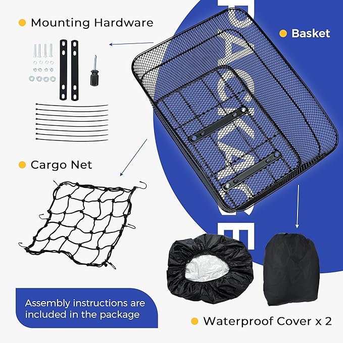 KAUFU Rear Bike Basket with Waterproof Cover and Adjustable Cargo Net, Large Bicycle Cargo Rack Storage Basket, Universal for Most Rear Bike Racks Fit for Shopping, Pets and Daily Outings