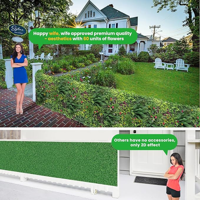 Artificial Grass Wall Roll 40"x120" (3.33ft x 10ft,33.3 Sq.ft), 3D Green Grass Wall for Outdoor Fence Indoor Decor, Greenery Privacy Screen for Patio Backyard, with DIY 60 PCS Violet Flower