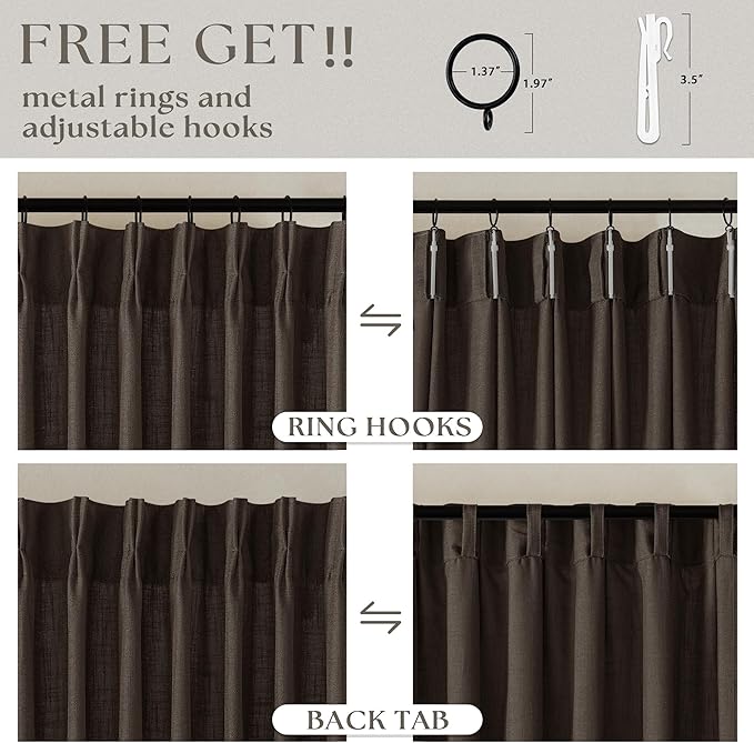Dark Chocolate 80 Inch Pinch Pleated Linen Curtains 2 Panels for Living Room Bedroom Memory Training Shaped Semi Sheer Pleat Drapes with Hooks Rings Light Filtering Window Curtain 40x80
